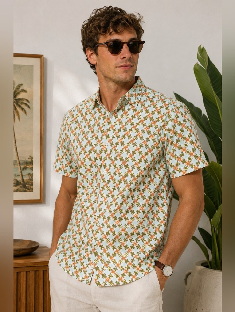 BP Hipster Shirt Short Sleeve Retro Geomtric Pattern Teal Cool-Orange Sunpatch M